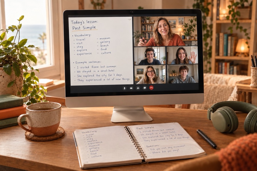 Group lesson with shared lesson material on screen